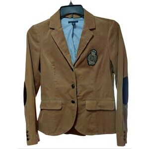 Tommy Hilfiger Womens  Corduroy Crest Patch Blazer Jacket Brown Preppy Sz 8